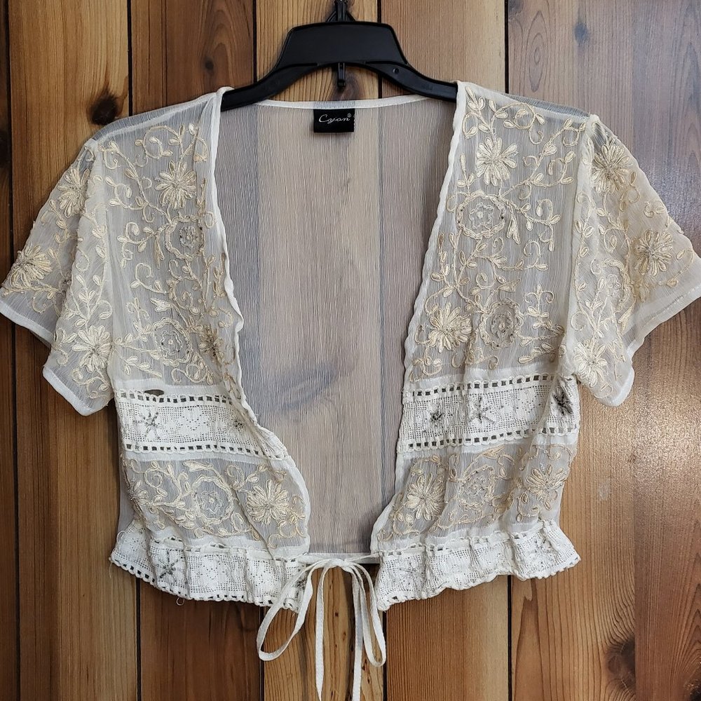 sheer embroidered cream shrug